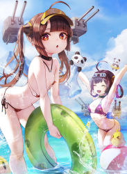 2girls :o absurdres ahoge armpits arms_up azur_lane ball bare_shoulders beachball bikini black_choker blue_sky breasts bright_pupils brown_eyes brown_hair butt_crack choker closed_eyes cloud day eyewear_on_head highres holding holding_swim_ring innertube leviathan_(hikinito0902) long_hair looking_at_viewer multiple_girls navel ning_hai_(azur_lane) ning_hai_(summer_hunger)_(azur_lane) ocean outdoors panda ping_hai_(azur_lane) ping_hai_(summer_vacation)_(azur_lane) purple_hair red_bikini side-tie_bikini_bottom sky small_breasts smile standing stomach summer swim_ring swimsuit twintails very_long_hair visor_cap wading