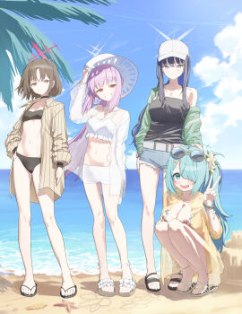 4girls applepie_(12711019) aqua_hair arius_squad_(blue_archive) atsuko_(blue_archive) atsuko_(swimsuit)_(blue_archive) bare_legs baseball_cap beach bead_bracelet beads bikini black_bikini black_camisole black_choker black_hair blue_archive blue_hair blush bracelet breasts brown_hair camisole choker cleavage collarbone colored_inner_hair commentary denim denim_shorts eyewear_on_head flip-flops flower grin hair_flower hair_ornament hair_over_one_eye halo hat highres hiyori_(blue_archive) hiyori_(swimsuit)_(blue_archive) jacket jacket_over_swimsuit jewelry large_breasts looking_at_viewer medium_breasts misaki_(blue_archive) misaki_(swimsuit)_(blue_archive) multicolored_hair multiple_girls navel one_eye_covered outdoors palm_leaf pink_hair sand_castle sand_sculpture sandals saori_(blue_archive) saori_(swimsuit)_(blue_archive) see-through_clothes see-through_jacket short_shorts shorts single_bare_shoulder small_breasts smile squatting standing starfish stomach striped_clothes striped_jacket sunglasses swimsuit toes two-tone_hair v vertical-striped_clothes vertical-striped_jacket white_bikini white_hat