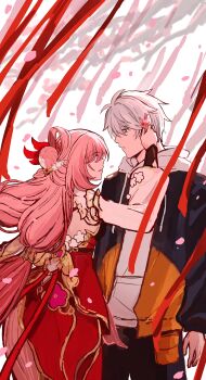 1boy 1girl absurdres black_pants blue_eyes breasts dress elysia_(herrscher_of_human:_ego)_(honkai_impact) elysia_(honkai_impact) elysia_(peachy_spring)_(honkai_impact) flower hair_flower hair_ornament highres honkai_(series) honkai_impact_3rd jacket kevin_kaslana long_hair looking_at_another medium_breasts multicolored_jacket official_alternate_costume pants pink_hair purple_eyes red_dress short_hair star_(zhongyan88528) two-tone_jacket very_long_hair white_hair white_hood