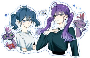 Rule 34 | +++, 1boy, 1girl, ahoge, before and after, black jacket, blue eyes, blue hair, blue outline, breasts, colored skin, commentary, cropped jacket, cropped torso, crossover, gakuen idolmaster, glasses, gokugetsu academy school uniform, green eyes, hand on own chest, hand up, highres, idolmaster, jacket, kaya rinha, kowaikowai, long hair, long sleeves, medium breasts, mole, mole on neck, monster, monsters inc., monsters university, multiple views, outline, purple skin, randall boggs, round eyewear, school uniform, sharp teeth, shirt, sidelocks, sweatdrop, symbol-only commentary, t-shirt, teeth, twintails, white background, white shirt