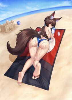 1girl absurdres animal_ears ass ass_cutout ball beach beachball bikini blue_bikini blue_sky blush breasts bucket butt_crack closed_mouth clothing_cutout cloud commentary feet full_body highres horizon imaizumi_kagerou large_breasts long_hair looking_at_viewer looking_back lying mikotouca ocean on_stomach outdoors red_eyes sand_castle sand_sculpture sky soles solo suggestive_fluid swimsuit tail topless_female touhou towel variant_set wolf_ears wolf_girl wolf_tail