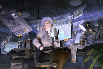 1girl black_gloves black_neckwear black_pantyhose black_skirt book breasts brown_eyes building chair coffee_pot cup gloves grey_hair headset holding holding_cup id_card indoors lamp long_hair long_sleeves medium_breasts monitor mug necktie night office_chair original pantyhose paper plant potted_plant sawana shirt sitting skirt solo_focus steam swivel_chair white_shirt window