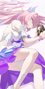1girl absurdres armlet bare_shoulders breasts character_doll chinese_commentary closed_mouth commentary cyrene_(honkai:_star_rail) diamond-shaped_pupils diamond_(shape) doll dress feet_out_of_frame flower freeeeeeeeeee hair_between_eyes hair_flower hair_ornament highres holding holding_doll honkai:_star_rail honkai_(series) jewelry long_hair lying medium_breasts on_side pink_hair purple_eyes solo stelle_(honkai:_star_rail) symbol-shaped_pupils thighs trailblazer_(honkai:_star_rail) white_dress