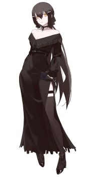 1girl :&gt; ankle_boots bare_shoulders bell_sleeves belt black_belt black_boots black_choker black_dress black_gloves black_hair black_thighhighs boots breasts bright_pupils choker cleavage closed_mouth commentary contrapposto covered_groin dandelion_(girls&#039;_frontline) double-parted_bangs dress english_commentary flower flower_choker fringe_trim girls&#039;_frontline girls&#039;_frontline_2:_exilium gloves hair_between_eyes half_gloves headgear high_belt high_heel_boots high_heels highres holding long_dress long_hair long_sleeves medium_breasts ponytail purple_flower purple_rose rose side_slit simple_background sleeve_garter solo standing tachi-e takaprince thigh_strap thighhighs v-neck very_long_hair white_background white_pupils yellow_eyes