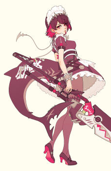 1girl artist_name black_dress black_hair black_shoes breasts brown_pantyhose closed_mouth colored_inner_hair commentary dress earclip ellen_joe english_commentary fins fish_tail frilled_wristband from_side full_body hairband highres holding holding_weapon looking_at_viewer maid_headdress mary_janes medium_breasts metal_hairband mole mole_under_eye multicolored_hair pantyhose razor_blade_hair_ornament red_eyes red_nails scar scar_on_tail shark_girl shark_tail shoes short_hair simple_background solo spiked_headband tail weapon whispwill zenless_zone_zero