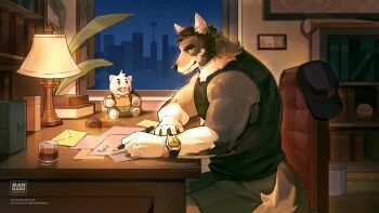 1boy absurdres alcohol animal_ears artist_logo artist_name augoose_cong bara baseball baseball_bat baseball_cap black_shirt black_tank_top book brown_shorts building chair commentary coyote_boy desk echo_project english_commentary furry furry_male glass hat highres holding holding_pen lamp logo male_focus merchandise muscular muscular_male on_chair pen photo_(object) plant potted_plant samuel_ayers_(the_smoke_room) scar scar_on_face scar_on_mouth seattle shelf shirt shorts sitting skyline skyscraper sleeveless sleeveless_shirt smile space_needle stuffed_animal stuffed_toy tail tank_top the_smoke_room twitter_username watch william_adler_(the_smoke_room) wolf_ears wolf_tail wristwatch writing