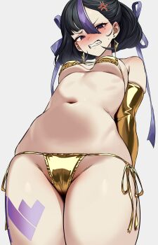1girl absurdres anger_vein arms_behind_back bikini black_hair blush breasts clenched_teeth commentary elbow_gloves gloves goddess_of_victory:_nikke gold_bikini gold_gloves highres looking_at_viewer navel nsd_(neangsadu) purple_hair short_hair simple_background small_breasts solo stomach swimsuit syuen_(nikke) teeth thighs white_background