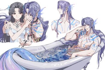 1boy 1girl absurdres armlet bathing bathtub black_hair blue_hair body_markings breasts brown_eyes chain chain_leash cleavage couple dress fins fish_tail hand_on_another&#039;s_face hand_on_own_cheek hand_on_own_face hetero highres in_bathtub jewelry leash long_hair love_and_deepspace medium_breasts merman monster_boy multiple_views necklace off-shoulder_dress off_shoulder official_alternate_costume official_alternate_hair_length official_alternate_hairstyle parted_bangs partially_submerged pink_eyes protagonist_(love_and_deepspace) rafayel_(love_and_deepspace) shiwu silver_necklace tail topless_male upper_body wavy_hair white_background white_dress