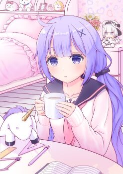 ahoge azur_lane bed book cardigan character_doll clock compass_(instrument) cup doll flower hashtag-only_commentary highres holding holding_cup illustrious_(azur_lane) long_sleeves low_twintails mug neckerchief open_book pen pink_neckerchief purple_eyes purple_hair ruler sailor_collar set_square shinkyuu sleeves_past_wrists stuffed_toy stuffed_unicorn stuffed_winged_unicorn twintails unicorn_(azur_lane) unicorn_(long-awaited_date)_(azur_lane)
