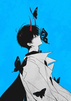 1boy black_hair black_shirt black_wings blue_background bug butterfly closed_eyes coat demon_horns elzfbrvsnr30247 eye_print from_side hashtag-only_commentary head_tilt horns insect kim_dokja leaning_back male_focus official_alternate_costume omniscient_reader&#039;s_viewpoint open_clothes open_coat popped_collar shirt short_hair simple_background solo white_coat wings