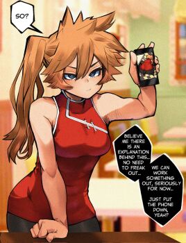 1girl ? angry ass bare_shoulders boku_no_hero_academia breasts cellphone cellphone_photo checkered_floor china_dress chinese_clothes clauschristmas covered_navel dress english_text highres kendou_itsuka long_hair looking_at_viewer medium_breasts orange_hair phone ponytail pout red_dress sleeveless solo speech_bubble squatting