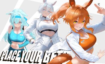 3girls animal_ear_fluff animal_ears arm_up artist_logo averting_eyes bare_shoulders blue_eyes blue_hair blue_headband blue_shorts blue_sports_bra blue_tail braid breasts cleavage clenched_hands collared_jacket commentary compression_sleeve cowboy_shot cropped_jacket cyan_(horse_race_tests) dot_nose double-parted_bangs ears_down english_commentary english_text eyebrows_hidden_by_hair food-themed_hair_ornament gloves grin gym_shorts hair_between_eyes hair_intakes hair_ornament hairclip hand_on_own_hip headband high_ponytail highres horse_ears horse_girl horse_race_tests horse_tail jacket jovial_merryment large_breasts logo long_hair long_sidelocks long_sleeves looking_down midriff multiple_girls name_tag navel open_clothes open_jacket orange_hair orange_sports_bra orange_tail own_hands_together pants parted_lips partially_open_jacket ponytail pracuneth salute shorts shoulder_boards shy sidelocks smile sports_bra sportswear superstitional_realism sweat tail two-finger_salute upper_body very_long_hair white_gloves white_hair white_jacket white_pants white_sports_bra white_tail yellow_eyes