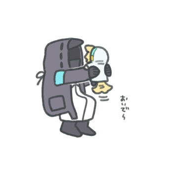 1boy 1other ambiguous_gender animal_ears arknights black_coat black_gloves black_jacket black_shoes chibi chickenuma_0 coat commentary_request doctor_(arknights) dog_boy dog_ears dog_tail gloves highres holding hood hood_up hooded_coat hooded_jacket jacket lifting_person long_sleeves shoes simple_background tail tail_wagging tequila_(arknights) white_background