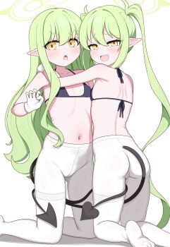 2girls absurdres ass bad_tag bikini blackness_(blackness661) blue_archive blush demon_tail flat_chest gloves green_hair halo highres hikari_(blue_archive) hug kneeling legs loli long_hair long_twintails looking_at_viewer looking_back micro_bikini multiple_girls navel nozomi_(blue_archive) pointy_ears siblings simple_background sisters smile stomach swimsuit tail thighs twintails white_background yellow_eyes