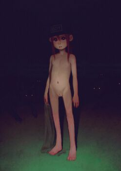 1girl alkemanubis barefoot baseball_cap cleft_of_venus completely_nude creepy dark feet female_focus flat_chest freckles full_body grass hat highres loli long_hair navel night nipples nude nude_filter original pussy red_eyes red_hair reverse_trap skinny solo standing thigh_gap third-party_edit toes uncensored wolf