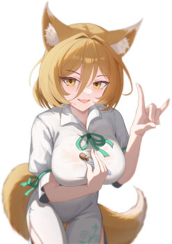 1girl absurdres alexhong1129 animal_ear_fluff animal_ears blonde_hair breasts commentary_request corked_bottle cowboy_shot dot_nose fang fox_ears fox_girl fox_shadow_puppet fox_tail green_ribbon hair_between_eyes hair_intakes hand_on_own_chest hand_up highres holding holding_test_tube kudamaki_tsukasa large_breasts leaning_forward long_hair_between_eyes looking_at_viewer open_mouth ribbon romper see-through_clothes short_hair short_sleeves simple_background skin_fang small_sweatdrop smile solo standing tail test_tube thigh_gap touhou white_background white_romper yellow_eyes