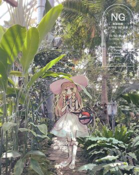 1girl bag blonde_hair braid collared_dress commentary_request dress duffel_bag full_body green_eyes hat highres horimhkw11 lillie_(pokemon) long_hair looking_at_viewer nintendo outdoors photo_background poke_ball_print pokemon pokemon_sm real_world_location shoes sleeveless sleeveless_dress socks solo standing sun_hat sundress twin_braids white_dress white_hat white_shoes white_socks