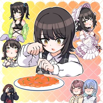 4girls ^_^ aged_down argyle_background aruke_(gter7727) bikini black_bikini black_hair blush bonnet camera closed_eyes cropped_torso dress food food_on_face fork green_jacket highres higuchi_madoka holding holding_camera holding_fork idolmaster idolmaster_shiny_colors ikaruga_luca ikuta_haruki jacket multiple_girls napolitan see-through_clothes see-through_jacket short_twintails smile suzuki_hana swimsuit taking_picture twintails upper_body white_bonnet white_dress yellow_eyes