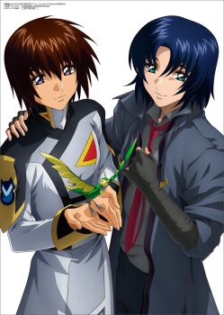 Rule 34 | 2boys, athrun zala, blue hair, brown hair, collared shirt, compass uniform, cover, cover page, elbow gloves, fingerless gloves, gloves, green eyes, gundam, gundam seed, gundam seed freedom, hand on another's shoulder, highres, jacket, kira yamato, long sleeves, looking at viewer, male focus, military uniform, multiple boys, necktie, non-humanoid robot, official art, open clothes, open jacket, purple eyes, red necktie, robot, robot animal, shirt, short hair, simple background, smile, upper body, white background
