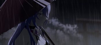 1girl acheron_(honkai:_star_rail) blurry breasts choker cleavage collarbone commentary_request depth_of_field expressionless grey_sky highres holding holding_umbrella honkai:_star_rail honkai_(series) leaf long_hair naya_sono oil-paper_umbrella outdoors purple_eyes purple_hair rain shadow sidelocks single_bare_shoulder sky strap torii umbrella upper_body