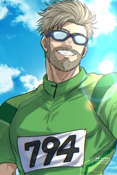 Rule 34 | 1boy, beard, blue sky, cloud, commentary request, covered pectorals, facial hair, from below, full beard, goggles, grey beard, grey hair, grin, highres, hyakuemu, kaidou (hyakuemu), male focus, mature male, nusushito, pectorals, race bib, short hair, sky, smile, solo, track uniform, upper body, watermark