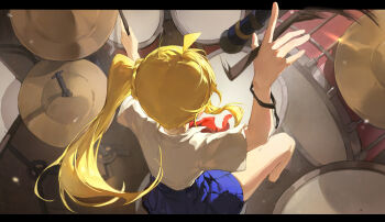 Rule 34 | 1girl, blonde hair, blue skirt, bocchi the rock!, braid, chinese commentary, commentary request, cymbals, drum, drum set, drumsticks, facing away, from above, hand up, holding, holding drumsticks, ijichi nijika, instrument, letterboxed, miniskirt, motion blur, music, outside border, playing drums, playing instrument, pleated skirt, ponytail, ponytail with braided base, school uniform, shalou, shirt, short hair, side ponytail, sitting, skirt, slice of life, solo, white shirt