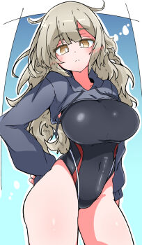 1girl black_one-piece_swimsuit black_shrug blue_background brown_eyes commentary_request competition_swimsuit contrapposto covered_navel drawstring gradient_background grey_hair hand_on_own_hip highleg highleg_one-piece_swimsuit highres long_hair nejirehifumi one-piece_swimsuit original shrug_(clothing) solo swimsuit