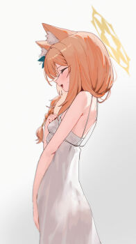 1girl :d absurdres animal_ear_fluff animal_ears blue_archive blush braid cat_ears cat_girl closed_eyes commentary_request dan_nako dress from_side halo hand_on_own_chest highres long_hair mari_(blue_archive) open_mouth orange_hair simple_background single_braid smile solo spaghetti_strap sweatdrop white_background white_dress yellow_halo