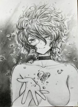1girl air_bubble breasts bubble chainsaw_man choker closed_mouth dorset_77 graphite_(medium) greyscale large_breasts looking_at_viewer monochrome photo_(medium) reze_(chainsaw_man) smile solo submerged traditional_media underwater
