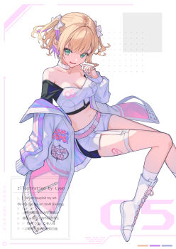 1girl bare_shoulders blonde_hair boots bow breasts cleavage green_eyes hair_bow highres jacket kurumi_noah looking_at_viewer medium_breasts medium_hair midriff multicolored_jacket navel off_shoulder parted_lips pink_jacket shorts solo strapless tube_top virtual_youtuber vspo! white_boots white_bow white_jacket white_shorts white_tube_top xyunx