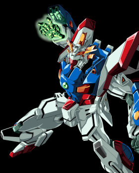 absurdres arm_up armor black_background chest_cannon clenched_hand commentary g_gundam gem glowing glowing_hand green_eyes green_gem gundam highres kds_(0049) mecha mecha_focus mobile_suit robot science_fiction shining_finger shining_gundam super_robot v-fin