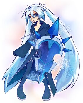 1girl black_boots black_coat_(kingdom_hearts) black_gloves blue_eyes blue_hair boots commentary cosplay english_commentary full-length_zipper full_body gloves hair_between_eyes hatsune_miku highres holding holding_shield hood hooded_coat kingdom_hearts long_coat long_hair long_sleeves milks_39 open_mouth outline shield sidelocks snowflakes solo standing thigh_boots twintails very_long_hair vexen vexen_(cosplay) vocaloid white_outline zipper