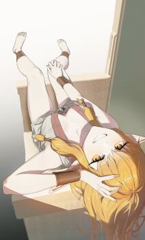 1girl absurdres anklet armlet bangle barefoot blonde_hair bracelet breasts cleavage coierah commentary commentary_request highres jewelry long_hair medium_breasts mixed-language_commentary serie_(sousou_no_frieren) sidelocks smile smirk solo sousou_no_frieren teeth upside-down yellow_eyes