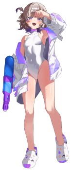 1girl :d absurdres arm_up bare_legs blonde_hair breasts choker covered_navel crocs full_body groin highres holding holding_water_gun hololive hololive_dev_is jacket multicolored_hair off_shoulder one-piece_swimsuit open_mouth purple_choker purple_eyes sandals selopangji short_hair simple_background single_bare_shoulder small_breasts smile standing streaked_hair swimsuit thighs todoroki_hajime virtual_youtuber water_gun white_background white_jacket white_one-piece_swimsuit white_sandals