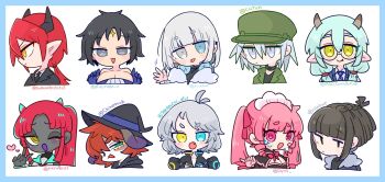 5boys 5girls :/ :3 :o @_@ ahoge animal_ears antenna_hair bare_shoulders black_collar black_dress black_hair black_hoodie black_horns black_jacket black_necktie black_shirt blue_border blue_cardigan blue_eyes blue_gloves blue_necktie blue_ribbon blunt_bangs blush border borrowed_character bow bowtie braid breasts brown_hair brown_horns cardigan cleavage cleavage_cutout clothing_cutout collar collarbone collared_shirt commentary_request demon_boy demon_horns diagonal-striped_clothes diagonal-striped_necktie dog_boy dog_ears double-parted_bangs dress drill_hair drill_sidelocks earclip expressionless facial_mark fang forehead forehead_mark from_side fur-trimmed_jacket fur_trim furry furry_male glasses gloves green_eyes green_hair green_hat green_jacket grey_eyes hair_between_eyes hair_bow hair_tie hand_up hands_up hat hat_ribbon head_tilt heart heterochromia highres hood hoodie horns jacket large_breasts light_blush long_hair looking_at_viewer looking_to_the_side low_ponytail low_twintails maid maid_headdress medium_hair military_hat multiple_boys multiple_girls necktie no_nose one_eye_closed op_na_yarou open_mouth orange_hair original parted_bangs pink_bow pink_bowtie pink_eyes pink_hair pink_trim pointy_ears ponytail portrait raised_eyebrows raised_inner_eyebrows red_hair red_horns ribbon semi-rimless_eyewear shirt short_hair sidelocks simple_background single_braid smile spiked_hair star_(symbol) striped_clothes striped_necktie sweatdrop swept_bangs tongue tongue_out twintails under-rim_eyewear v v-neck v-shaped_eyebrows waving white_background white_eyes white_hair white_shirt witch_hat yellow_eyes