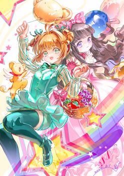 2girls :d absurdres aqua_ribbon aqua_shorts aqua_thighhighs aqua_vest balloon blunt_bangs brown_hair cardcaptor_sakura character_balloon daidouji_tomoyo dress drill_hair floating_hair green_eyes hair_ribbon highres holding holding_balloon holding_hands kero_(cardcaptor_sakura) kinomoto_sakura long_hair long_sleeves mary_janes miniskirt multiple_girls open_mouth pink_dress pleated_skirt purple_eyes ribbon shirt shoes short_hair shorts shorts_under_skirt skirt smile striped_clothes striped_shirt sweatdrop thighhighs twin_drills vertical-striped_clothes vertical-striped_shirt vertical-striped_sleeves very_long_hair vest white_shirt white_skirt yukmomo