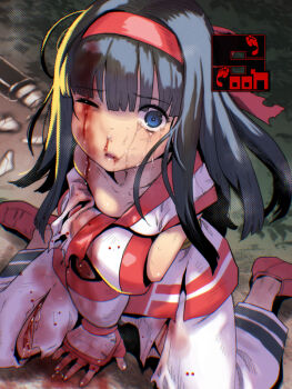 1girl ainu_clothes arm_support artist_name black_hair bleeding blood blue_eyes breasts constricted_pupils covering_breasts covering_privates defeat fingerless_gloves gloves hair_ribbon half-closed_eyes injury legs long_hair looking_at_viewer nakoruru no_bra one_eye_closed pants ribbon samurai_spirits scared sitting small_breasts snk solo soon_(c-u-soon) tears the_king_of_fighters thighs torn_clothes very_long_hair weapon wide-eyed