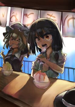 &gt;_&lt; 2girls black_hair black_ribbon blonde_hair bow breasts buttons closed_eyes closed_mouth collar dress dress_ribbon eating food hair_between_eyes hair_bow hand_on_own_head hat hot maribel_hearn mob_cap multiple_girls muraryo open_mouth purple_dress ribbon shaved_ice shirt short_hair sleeve_cuffs sweat table teeth touhou unworn_headwear upper_teeth_only usami_renko utensil_in_mouth white_collar white_hat white_shirt