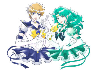 1girl absurdres aqua_bow aqua_eyes aqua_hair aqua_sailor_collar back_bow bishoujo_senshi_sailor_moon bishoujo_senshi_sailor_moon_stars blonde_hair blue_bow blue_bowtie blue_choker blue_eyes blue_sailor_collar blue_skirt bow bowtie brooch choker circlet collarbone commentary_request deep_aqua_mirror earrings elbow_gloves eyeshadow gloves green_eyeshadow highres holding holding_sword holding_weapon jewelry kaiou_michiru layered_skirt lips long_hair looking_at_viewer magical_girl makeup miniskirt parted_hair puffy_short_sleeves puffy_sleeves sailor_collar sailor_neptune sailor_senshi_uniform sailor_uranus short_hair short_sleeves simple_background skirt solo space_sword star_(symbol) star_brooch star_choker star_earrings stud_earrings super_sailor_neptune_(stars) super_sailor_uranus_(stars) sword ten&#039;ou_haruka wavy_hair weapon wheather white_background white_gloves yellow_bow