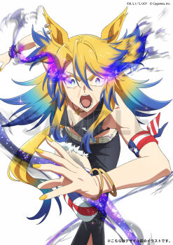 1girl american_flag american_flag_print animal_ears asymmetrical_pants bandana_around_arm belt black_pants black_shirt blonde_hair blue_eyes blue_hair bracelet breasts commentary_request copyright_logo eye_trail flag_print fukumoto_yousuke highres horse_ears horse_girl horse_tail jewelry light_trail logo long_hair looking_at_viewer midriff multicolored_hair necklace obey_your_master_(umamusume) official_art open_mouth pants running sample_watermark second-party_source shirt solo star-shaped_pupils star_(symbol) star_necklace symbol-shaped_pupils tail teeth two-tone_hair umamusume umamusume:_cinderella_gray watermark white_belt yellow_nails