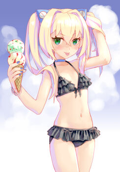 1girl :p bikini black_bikini blonde_hair blush cloud commentary_request flat_chest food frilled_bikini frills green_eyes highres ice_cream katahira_masashi long_hair multiple_scoops navel original smile solo swimsuit tongue tongue_out