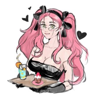 1girl alien_stage arm_tattoo black_bow black_dress black_gloves black_hairband bow breasts bymerime cleavage commentary cup cupcake dress drink drinking_straw food fruit glasses gloves green_eyes hairband heart holding holding_tray long_hair mizi_(alien_stage) official_alternate_costume orange_(fruit) orange_slice pink_hair rabbit_tattoo solo strapless strapless_dress symbol-only_commentary tattoo tray twintails