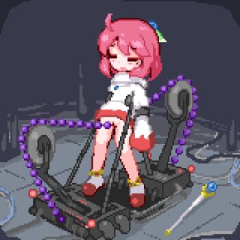 1girl animated animated_gif bdsm beads female_ejaculation final_fantasy final_fantasy_fables forced_orgasm green_eyes hair_ornament hinainf jewelry loli lowres machine no_panties pendant pink_hair pixel_art pussy restrained shirma shoes short_hair staff tagme white_mage_(final_fantasy)