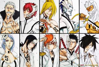 1girl 6+boys akatsuki_(naruto) arm_tattoo arrancar artist_name bikini bleach blonde_hair blue_eyes blue_hair blue_skin breast_tattoo breasts cleavage colored_skin commentary d_not_so_good_artist deidara_(naruto) english_commentary extra_mouth face_piercing facial_mark fingerless_gloves frown gloves grin hair_over_one_eye head_rest hidan_(naruto) hole_in_chest hole_in_neck hole_on_body hollow_mask hoshigaki_kisame kakuzu_(naruto) konan_(naruto) large_breasts long_tongue makeup marker_(medium) mask mask_on_head middle_finger multiple_boys naruto_(series) naruto_shippuuden nose_piercing number_tattoo orange_eyes pain_(naruto) parody piercing pink_eyes ponytail red_eyes rinnegan sasori_(naruto) sharp_teeth smile style_parody swimsuit sword sword_on_back tattoo teeth tongue traditional_media uchiha_itachi uchiha_madara uchiha_obito weapon weapon_on_back white_bikini white_gloves white_hair