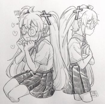 1girl ariamikukanzaki book coke-bottle_glasses commentary cross_hair_ornament glasses graphite_(medium) hair_ornament hatching_(texture) hatsune_miku heart high-waist_skirt highres holding holding_book long_hair miniskirt monochrome pleated_skirt raised_inner_eyebrows school_uniform signature skirt traditional_media twintails vocaloid