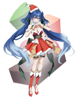 1girl absurdres ahoge alternate_costume bare_shoulders blue_eyes blush breasts cleavage commentary_request dress gradient_hair hat heart heart_hands highres iuno_(wuthering_waves) korean_commentary large_breasts laurel_crown long_hair looking_at_viewer multicolored_hair open_mouth red_dress rkin santa_costume santa_hat solo streaked_hair tacet_mark_(wuthering_waves) twintails very_long_hair white_background wuthering_waves