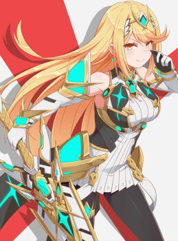 1girl aegis_sword_(xenoblade) arm_guards bare_shoulders black_pantyhose blonde_hair breasts chest_jewel closed_mouth dress earrings elbow_gloves floating_earrings gloves hand_up highres holding holding_sword holding_weapon jewelry large_breasts long_hair microdress mythra_(massive_melee)_(xenoblade) mythra_(xenoblade) neon_trim pantyhose smile solo suspenders swept_bangs sword thigh_strap tiara v-shaped_eyebrows very_long_hair weapon white_dress white_gloves xenoblade_chronicles_(series) xenoblade_chronicles_2 yellow_eyes yoruusagi