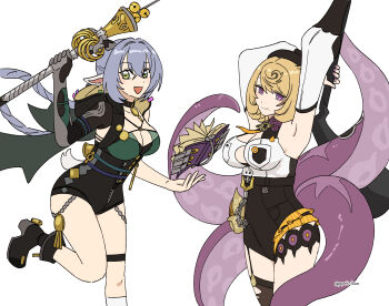 2girls animal_ears arm_up armpits asymmetrical_shorts bare_shoulders beret black_hat black_horns black_shorts black_unitard blonde_hair blue_hair book braid breasts button_gap choker cleavage closed_mouth cowboy_shot crossed_bangs garter_straps goat_ears goat_girl goat_horns goat_tail green_eyes grey_tail hair_between_eyes hat high-waist_shorts highres holding holding_staff horizontal_pupils horns key key_choker knee_strap large_breasts leg_up long_hair looking_at_viewer lucia_elowen mole mole_under_mouth multiple_girls open_mouth pointy_ears popochi_fuwa purple_eyes shirt short_hair short_tail shorts simple_background single_garter_strap single_thighhigh smile staff standing standing_on_one_leg suction_cups tail tentacle_girl tentacle_tail tentacles thighhighs torn_clothes torn_thighhighs twin_braids twitter_username white_background white_shirt yidhari_murphy zenless_zone_zero