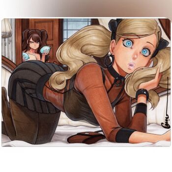 2girls bag balloon black_ribbon black_skirt blonde_hair blue_eyes border bracelet breasts brown_bag brown_hair couch door earrings hair_ornament hairclip handbag holding holding_balloon hoop_earrings indoors jewelry kneeling kujikawa_rise lampshade large_breasts lips long_hair long_sleeves mesh multiple_girls omar_dogan on_couch open_door pantyhose persona persona_4 persona_5 ribbon see-through_clothes skirt takamaki_anne twintails water_balloon webp-to-png_conversion white_border window