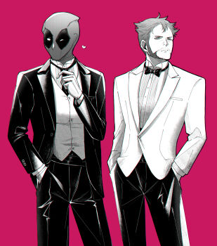 2boys adjusting_clothes adjusting_necktie beard bow bowtie buttons closed_mouth commentary_request deadpool deadpool_&amp;_wolverine deadpool_(series) doghooouse dress_shirt facial_hair formal_clothes gloves hand_in_pocket hands_in_pockets heart highres jacket long_sleeves looking_at_viewer male_focus marvel marvel mask monochrome multiple_boys muscular necktie one_eye_closed pants pectorals shirt short_hair standing suit vest wolverine_(x-men) x-men